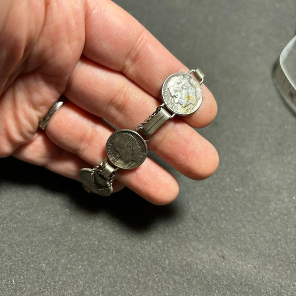 Sterling Silver 900 and 90 Percent Silver Dime 7 Inch Bracelet 19 Grams - Picture 4 of 8